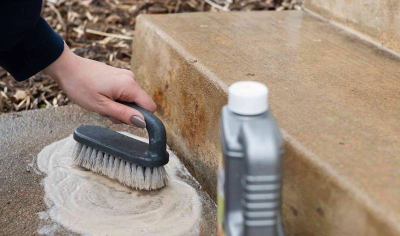 Woman's hand scrubbing floor with a brush