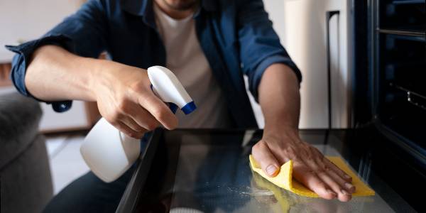 Man holding a white bottle in his hand cleaning steel with yellow cloth