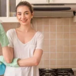 woman is ready to clean her kitchen