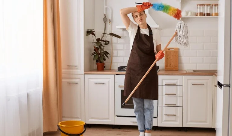 Woman in uniform holding a duster and cleaning stick in her hand inside her kitchen.
