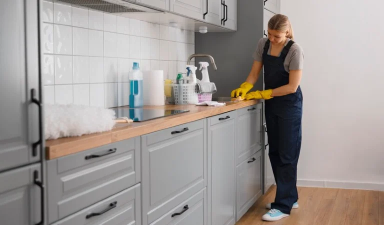 Woman inside her kitchen cleaning tiles using a cloth.