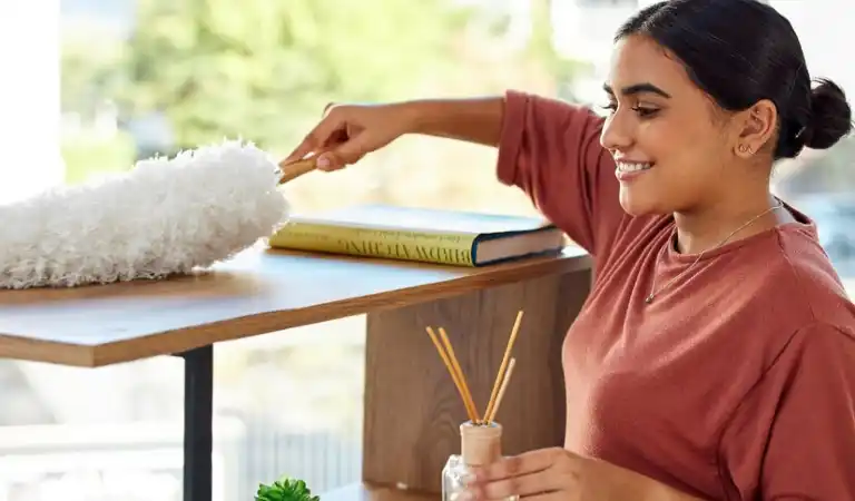 A lady in brown shirt dusting a shelve with a white duster