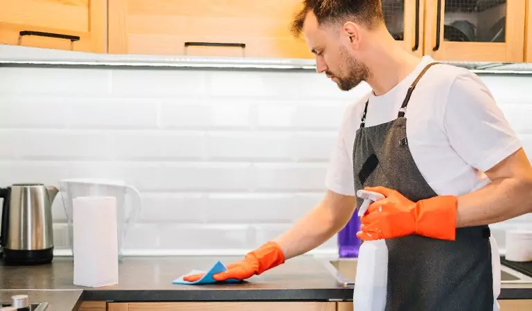 young man cleaning kitchen countertop