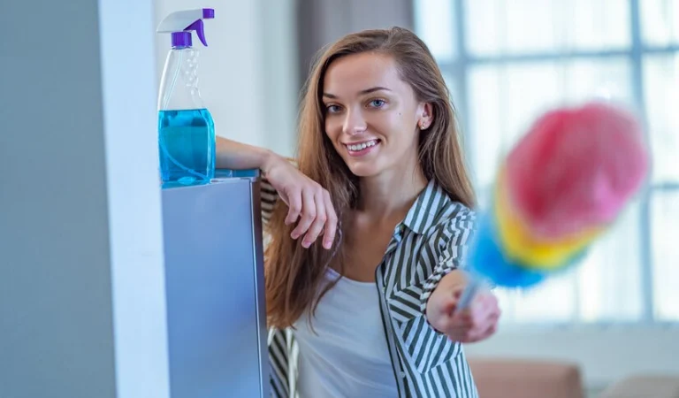 A lady in check shirt holding a duster and smiling