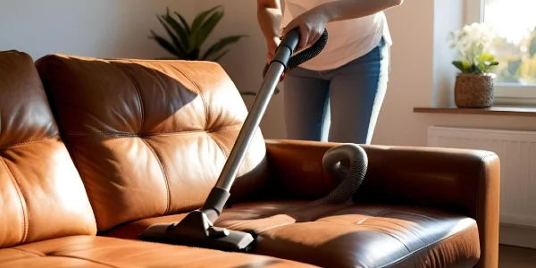 A lady is using vacuum cleaner on leather sofa.