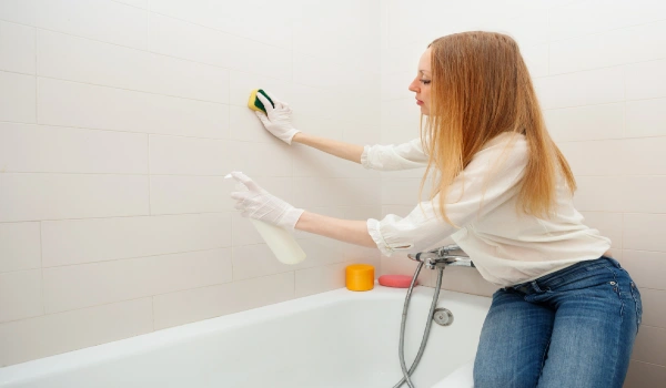 Long-haired woman cleaning tile with sponge in bathroom