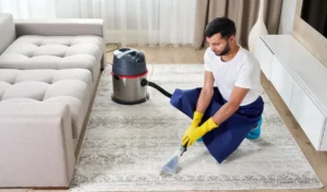 Man cleaning carpet in the living room using vacuum cleaner at home