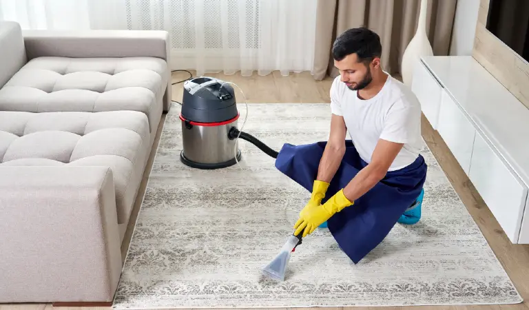 Man cleaning carpet in the living room using vacuum cleaner at home