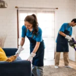 Young man and woman cleaning service worker work in living room