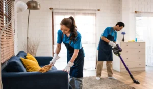 Young man and woman cleaning service worker work in living room