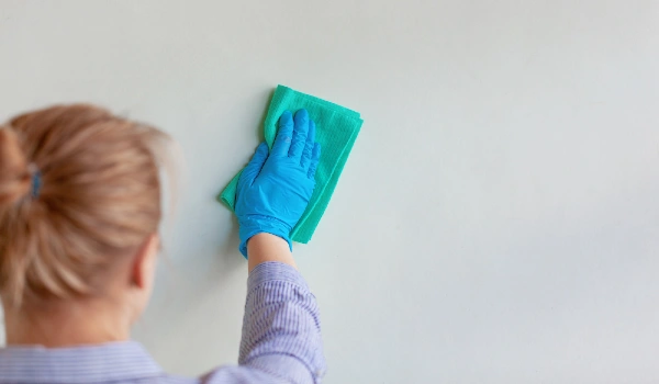 Employee hand in blue rubber protective glove wiping wall from dust with dry rag.