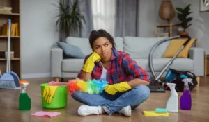 Boring thoughtful housewife in rubber gloves with cleaning supplies sit on floor