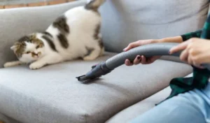 White cute cat is feeling afraid and surprise of vacuum cleaner