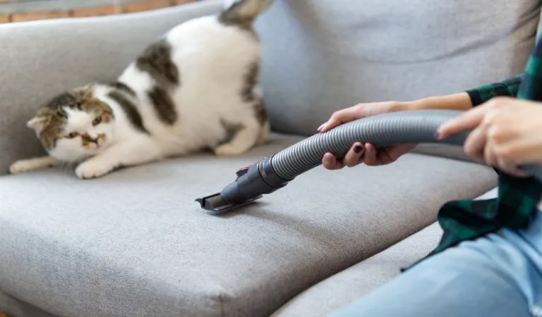 White cute cat is feeling afraid and surprise of vacuum cleaner
