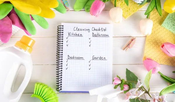 Spring cleaning checklist with cleaning tools background