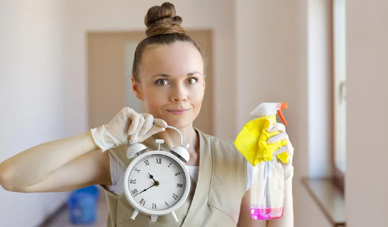 Young cleaning lady holding cleaning spray and a clock in the corridor